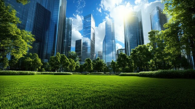 Green city park with modern skyscrapers