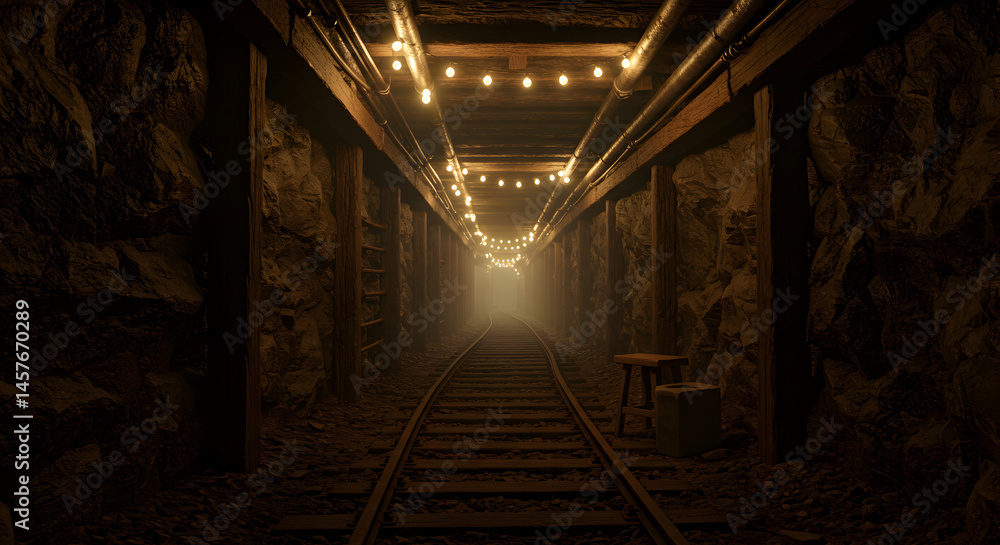 Poster eerie dark tunnel with railroad tracks string lights and rough walls creating a mysterious atmospher