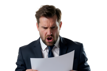 Angry Businessman Reacting to a Document – Frustrated Executive Reading Bad News or Financial Report, Expressing Shock, Disbelief, and Workplace Stress.