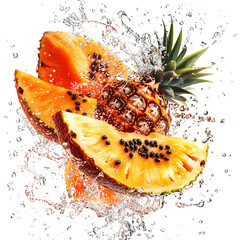 Pineapple with Water Splash Isolated on Transparent Background