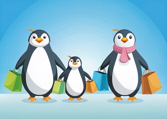 Fototapeta premium Cute Penguin Shopping Spree: Minimalist Cartoon Illustrations of Penguins with Bags