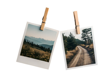 Two Polaroid Snapshots Misty Mountain Vista and Winding Dirt Road through Pine Forest