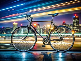 Fototapeta premium Cyclist on Long Exposure Night Ride, City Lights Trails, Adventure, Randonneur