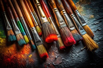 Fototapeta premium Dark Background Painting Art: Close-Up of Paintbrushes on Canvas