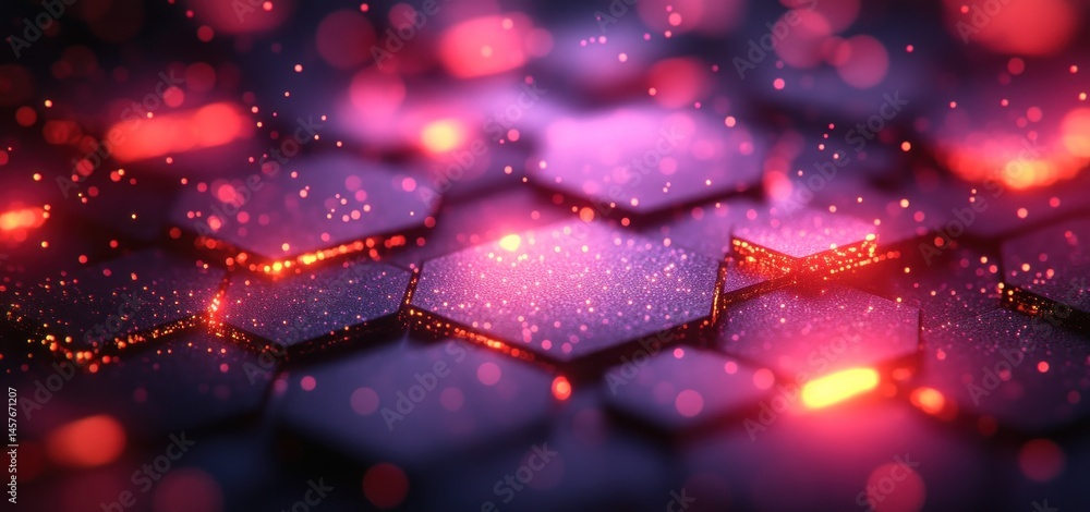 Poster abstract hexagonal network: glowing red and purple digital structure