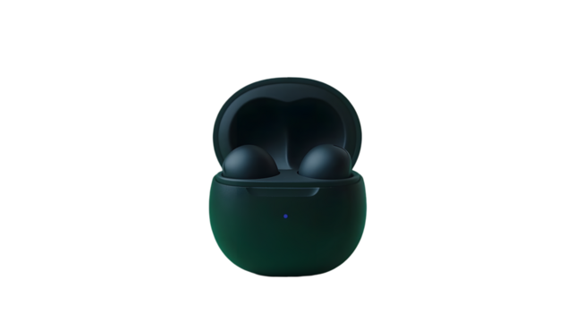 Earbuds in case, dark teal color