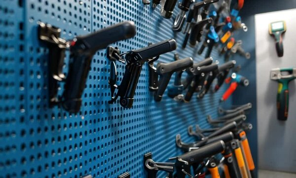 A close-up of organized tools on a blue pegboard in a workshop.