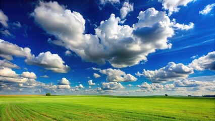 Fototapeta premium A vast open field under a brilliant blue sky with puffy white clouds and gentle breeze, nature, blue sky