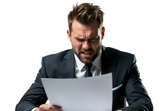 Angry Businessman Reacting to a Document – Frustrated Executive Reading Bad News or Financial Report, Expressing Shock, Disbelief, and Workplace Stress.