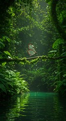 Butterfly Resting on Mossy Branch Above Tranquil Green River in Pixel Art Style Forest with Reflected Sunlight