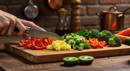Obraz premium A person cutting vegetables on a wooden cutting board in a kitchen environment indoors