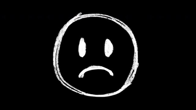 Hand-drawn scribble Emoji animation of a Sad face to put emotions in your videos. Pensive cartoon face frame by frame brush stroke animation. Doodle icon, wiggle sticker rough pencil crayon.
