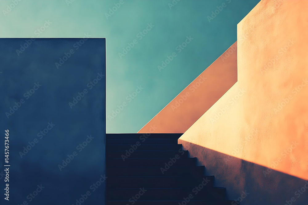 Poster abstract architectural scene with geometric shapes and shadows.