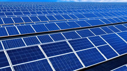 Rows of blue solar panels renewable energy field