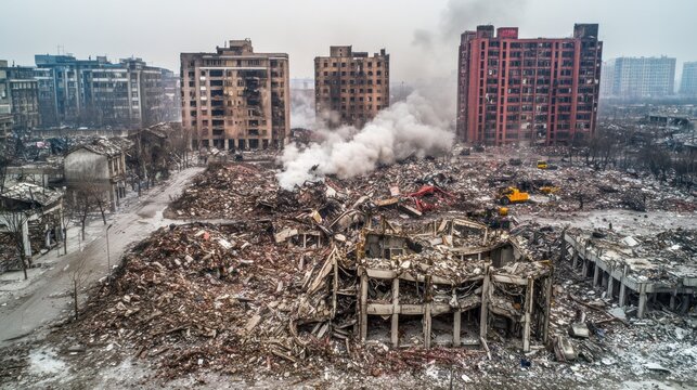 Aerial view of city destroyed after disaster