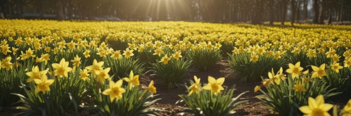 Fototapeta premium Sunlit daffodil field, vibrant yellow petals gleaming , bright yellow, springtime