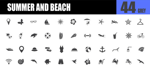 Summer and beach solid grey icons. Travel and tourism icons.