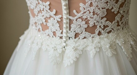 Fototapeta premium Close up of the back of a white wedding dress with lace floral detailing and pearl buttons down the back
