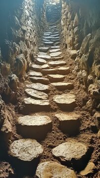 A narrow stone corridor in the dungeon leads to a sunny exit.