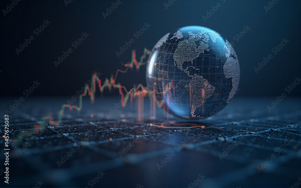 Poster a translucent globe rests on a network, a dynamic graph charting growth and volatility alongside it,