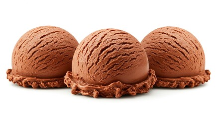 Fototapeta premium Three scoops of chocolate ice cream resting side by side on a plain white surface in a studio shot