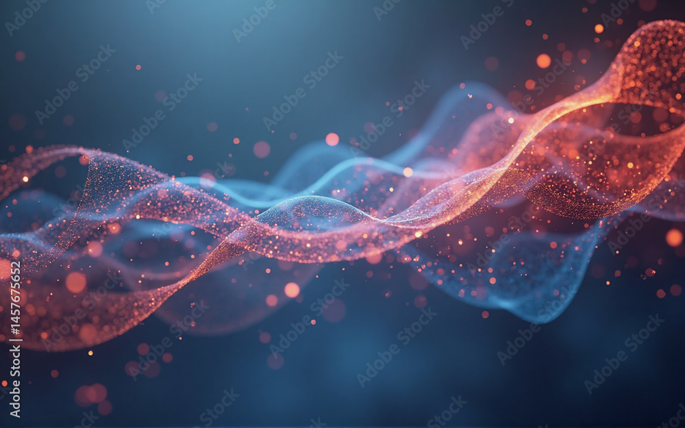 Poster abstract image of flowing, luminous particles. cool blue and warm orange hues blend, creating a dyna