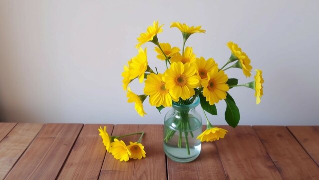 Yellow Flowers in a Vintage Vase on Wooden Surface