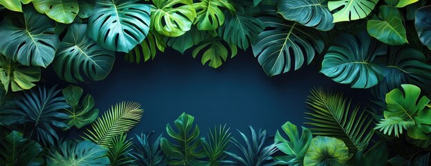 Lush Tropical Leaves Frame, Dark Background, Nature