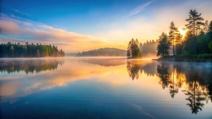 Obraz premium serene lake scene at dawn with mist rising from the water's surface , calm water