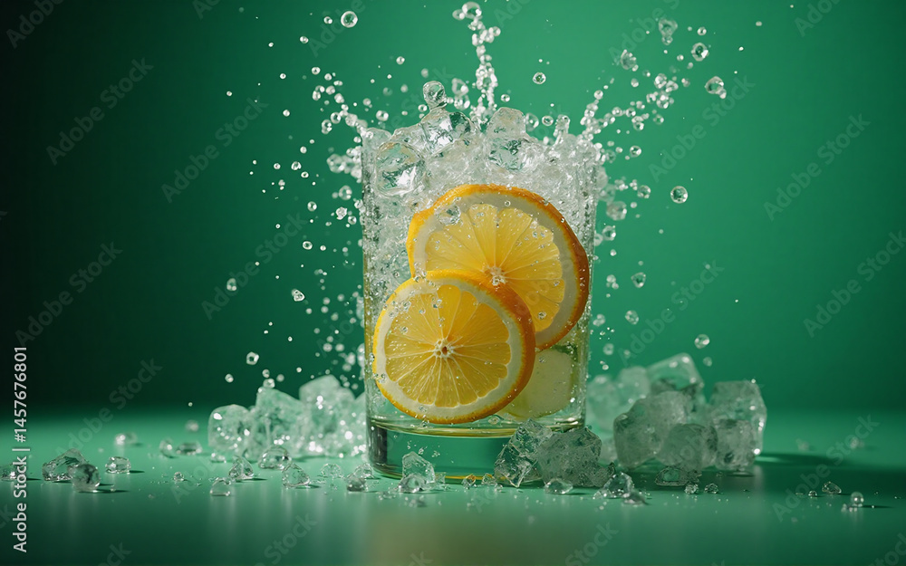 Poster refreshing lemon slices submerged in iced water, creating a vibrant splash against a teal backdrop. 