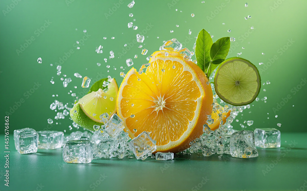 Poster a vibrant image of sliced oranges and limes splashing into ice water against a green backdrop. the s