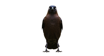 Isolated brown bird standing straight facing the camera on white background