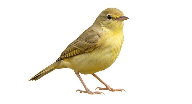 Isolated yellow warbler portrait, vibrant plumage against a seamless white backdrop