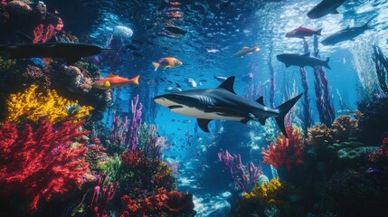 Fototapeta premium Shark navigates colorful coral reef ecosystem