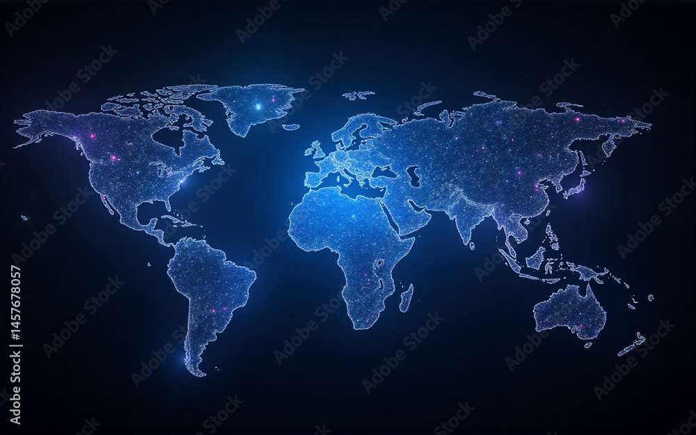 Poster glowing blue network map of the world, depicting global connections and data flow. points of light i