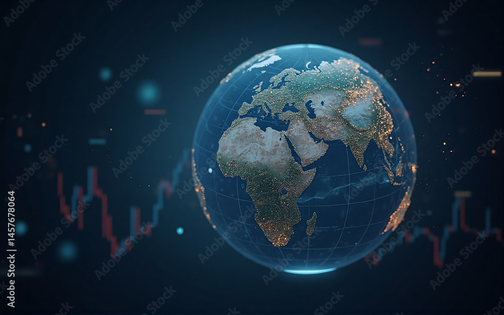 Poster a realistic 3d model of earth is shown, encircled by glowing lines and dynamic graphs representing g
