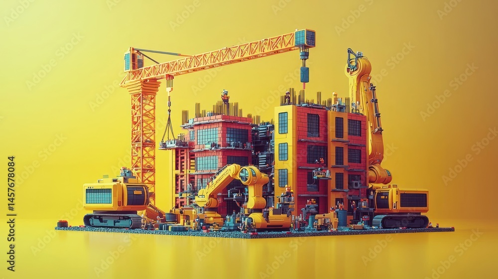Poster futuristic city construction: a low-poly 3d render of automated building process