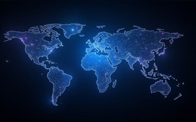 Fototapeta premium Glowing blue network map of the world, depicting global connections and data flow. Points of light illuminate continents.