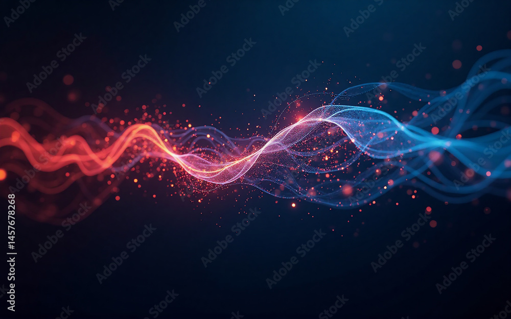 Poster abstract image of vibrant red and blue energy waves flowing and intertwining against a dark backgrou
