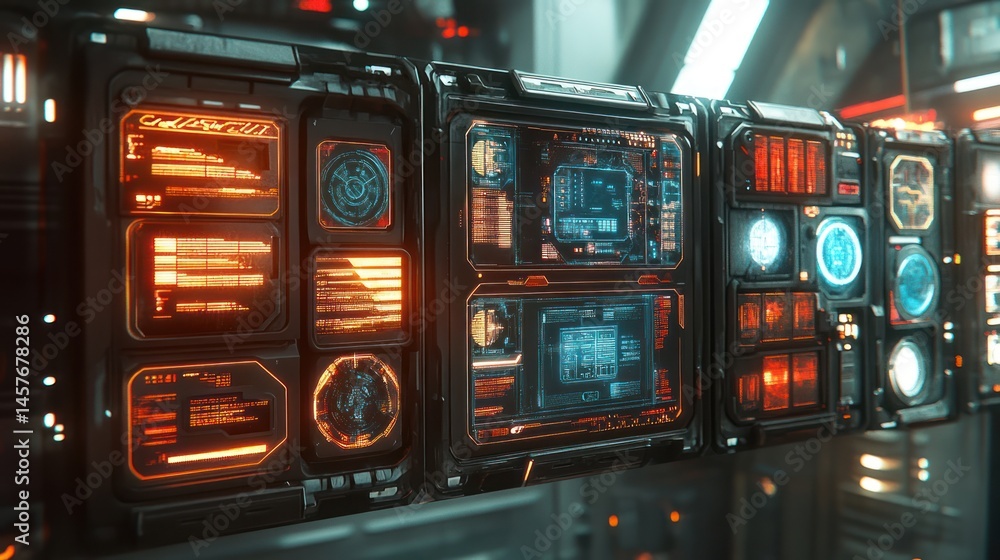 Poster futuristic control panels interface displaying technical data and readings