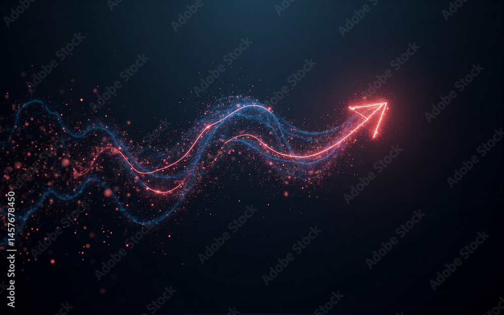 Poster glowing particles form a wave culminating in an upward-pointing arrow, symbolizing growth and progre
