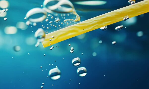 Colorful bubbles rise around a yellow object in clear blue water.