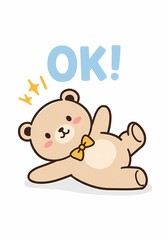 Adorable beige bear with yellow bow tie lying happily on its back giving an 'OK' gesture, a charming illustration of cheerful affirmation