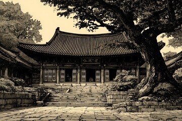 Serene Temple Courtyard: A Sepia-Toned Asian Temple Illustration