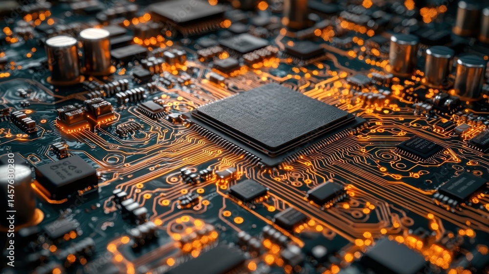 Poster illuminated circuit board: a close-up of a microprocessor's intricate design