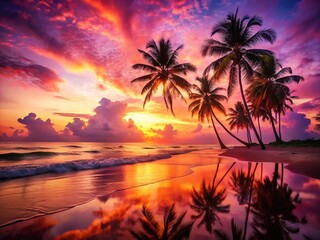 Obraz premium Double Exposure: Tropical Sunset Beach, Palm Trees & Ocean Waves