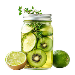 Kiwi Thyme and Lime Slices in Mason Jar Isolated on Transparent Background