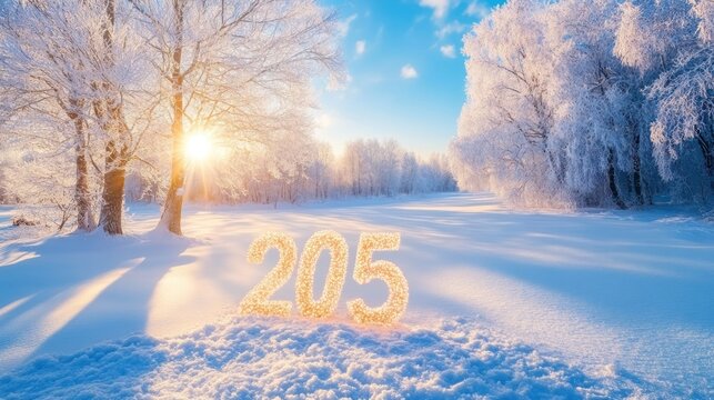 Winter landscape with 205 in snowy field