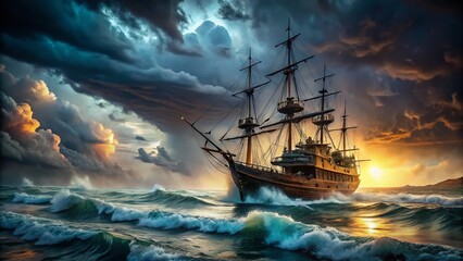 Obraz premium Dramatic Long Exposure: Pirate Ship Battered by Storm at Sea