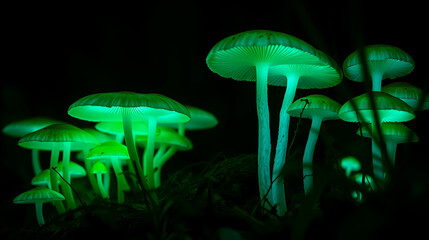 Bioluminescent Mycena Mycena chlorophos Glowing Mushrooms of Rainforest Show glowing cluster of Bioluminescent Mycena mushroom illuminating dark undergrowth of Southeast Asian jungle photographer
